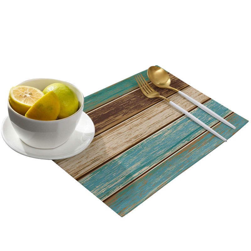 Vandarllin Placemats Set of 6, Retro Rustic Wood Texture Polyester Stain Resistant Table Mats Washable Placemat Decoration for Kitchen Dining Table Teal Green Brown - Image 3